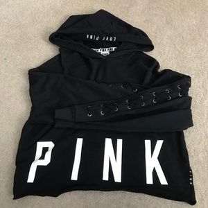 VS Pink Laced Sleeves Cropped Sweatshirt